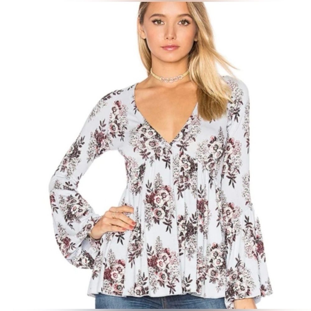 Free People Floral V-Neck Blouse - White and Purple